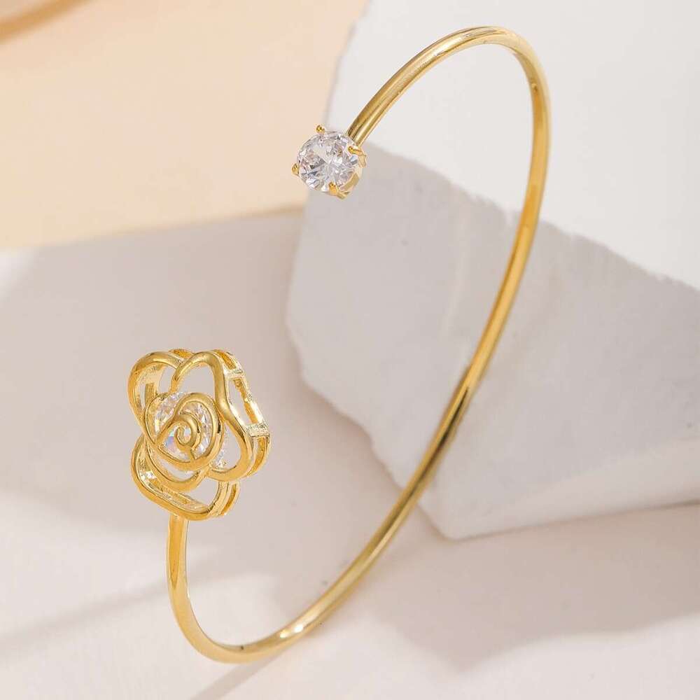 Versatile Style Women's with Rose Flower, Copper Inlaid Zirconia Adjustable Open Bracelet