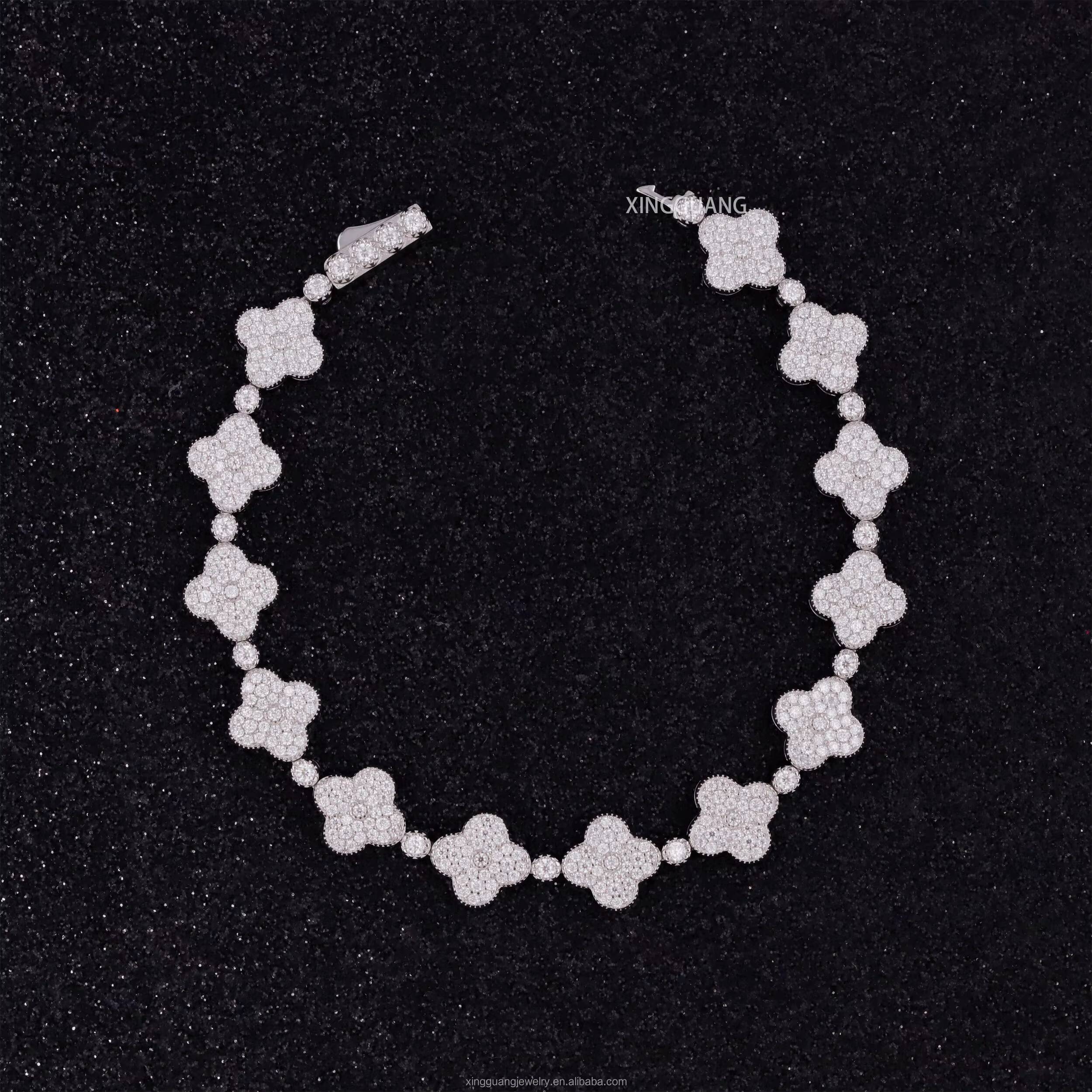 Hip Hop Style 925 Sterling Silver 9mm VVS1Moissanite Diamond Clover Bracelet Tennis Chain Come with GRA Certificate