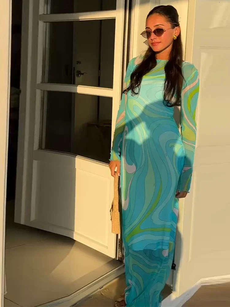 Sexy Perspective Printed Long Dresses Women Retro O-neck Full Sleeve Holiday Dress Female Summer Fashion Street Party Beach 250728