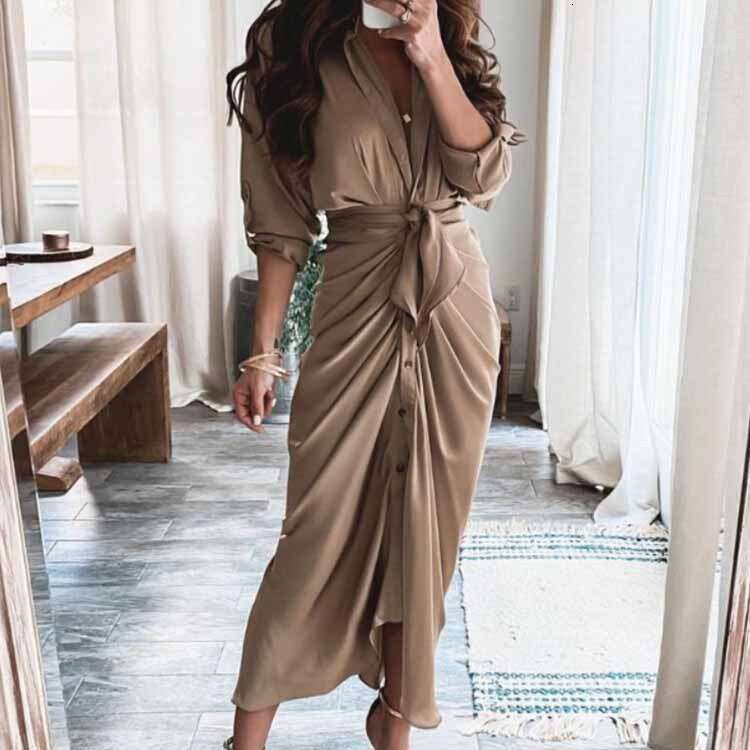 Women's Fashion New INS Style Three-Quarter Sleeve Sexy Printed Ruched V-Neck Tie Winter Dress B5 h7