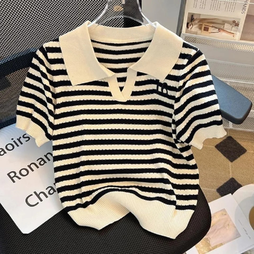 Summer Tee Hollow Out Contrast Colors Striped Patchwork Korean Fashion Casual Pullover Short Sleeve Polo Tops 250729
