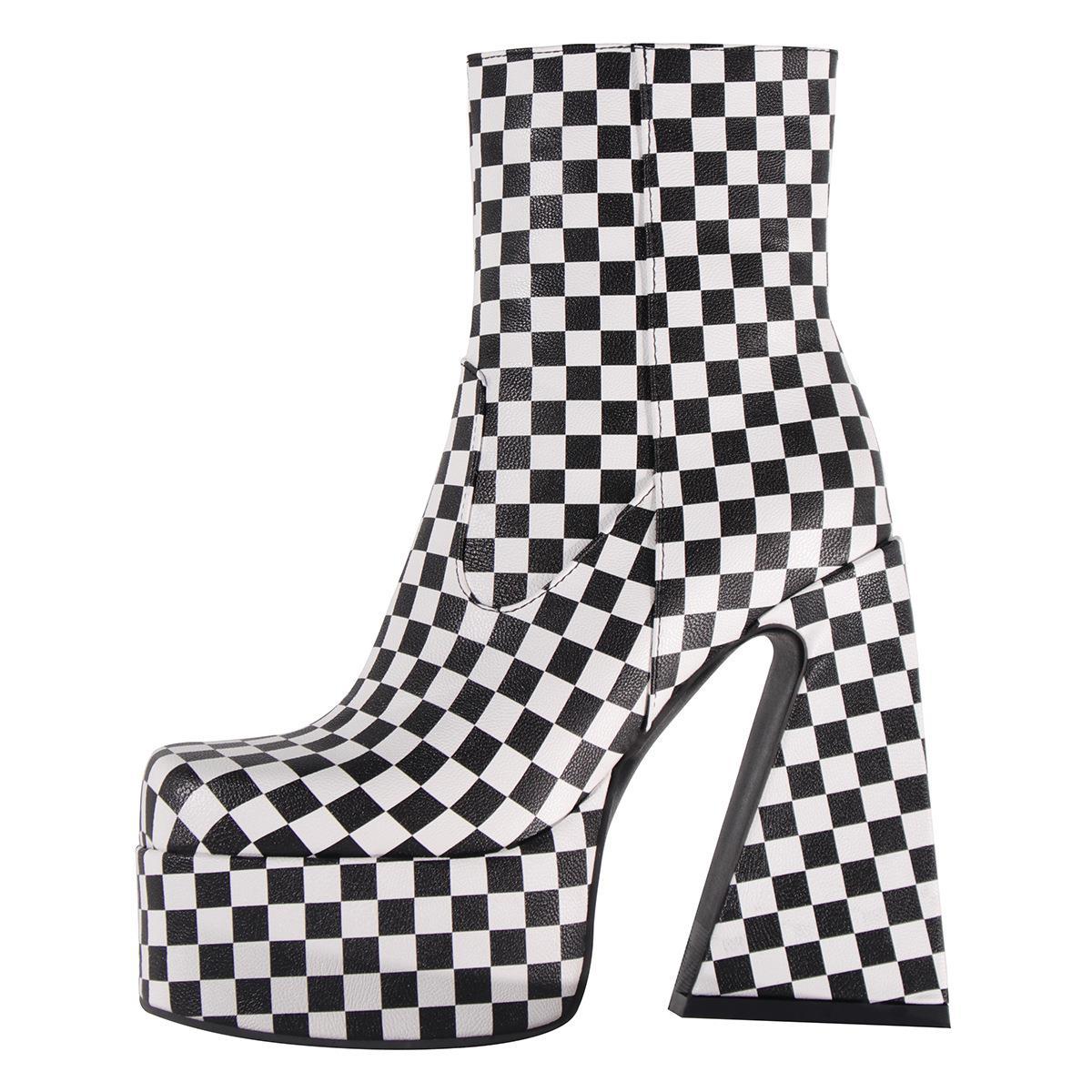 2025 New Sexy Platform Booties - Chunky Block Heel Ankle Boots Side Zipper Fashion Women Shoes (White/Red/Black White Check)