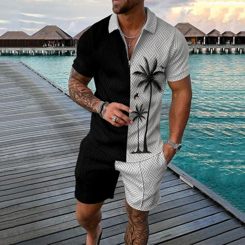 Casual Simple Mens Short Sleeve Sets Fashion Zipper Polo Shirts Shorts 2 Piece Outfit Summer Hip Hop Trend Loose Tees Top Suit 250807