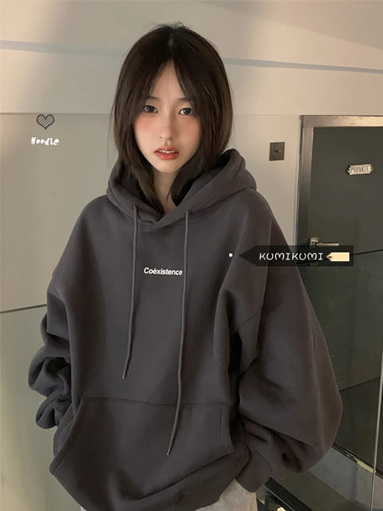Fashion Dark Grey Hoodie Fleece Thicken Sweatshirt Long Sleeve Korean Letter Printing Baggy Female Tops Pullover Autumn 250807