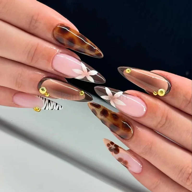 24Pcs Autumn False Nails Press on Nails Almond Full Cover French Leopard Print Glitter Cat Eye Star Wearable Manicure Nail Tips M250807