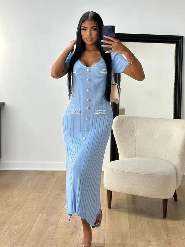 Office Lady Elegant Knitted Long Dress Summer Short Sleelve V Neck Single Breasted Bodycon Dresses Women Party Fashion Vestidos 250807