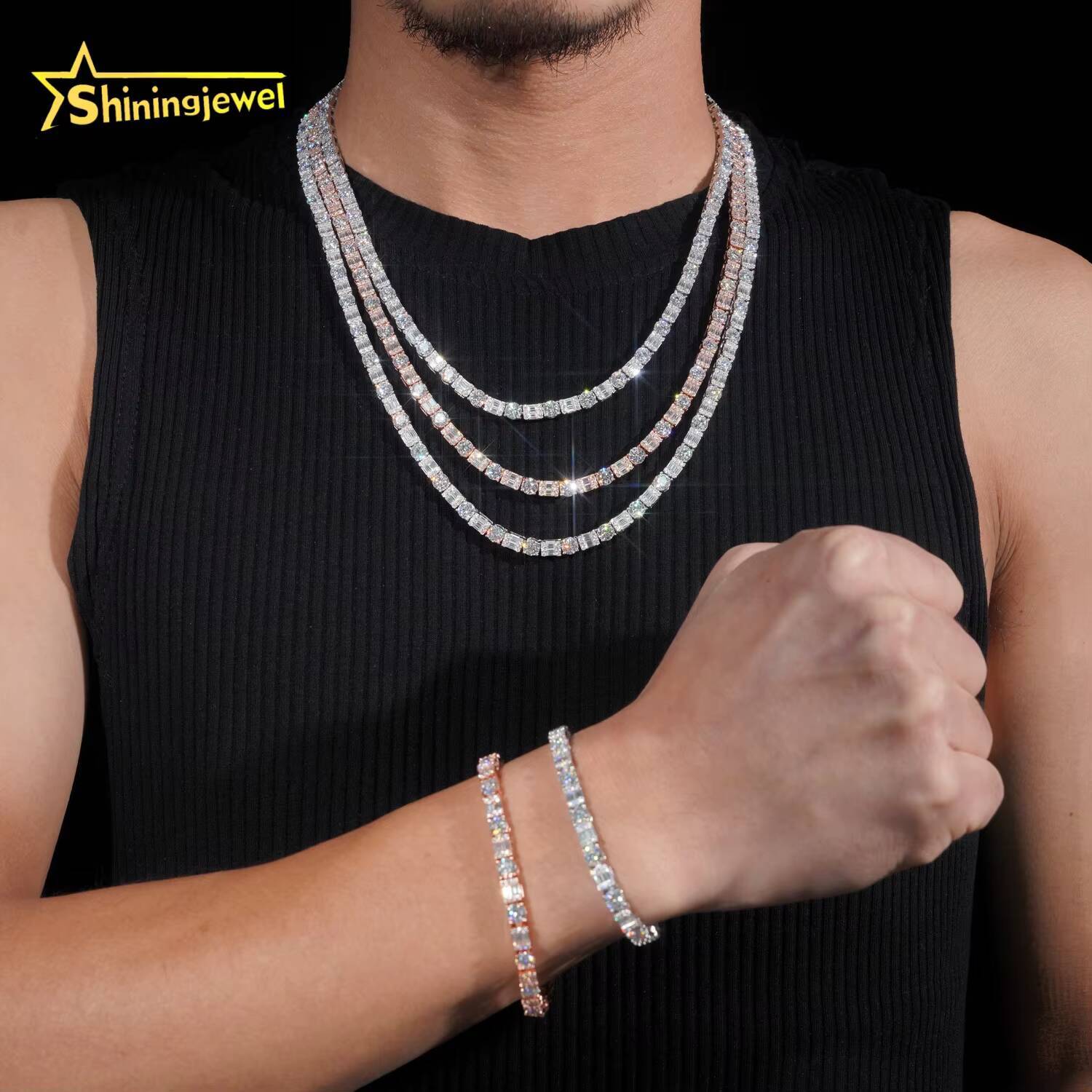 Trendy 925 Sterling Silver Tennis Chain Moissanite Jewelry GRA Certificated Emerald Cut Moissanite Tennis Necklace Men Women