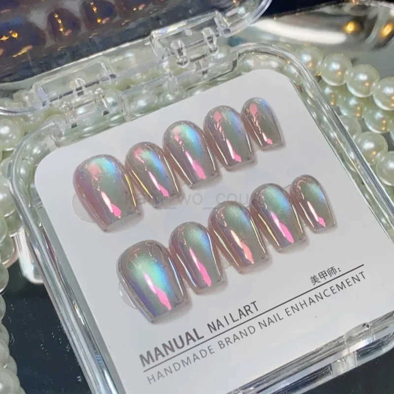 10Pcs Glitter Short Handmade Press-on Nails Fake Nails Full Cover Cat Eye Square Head Artificial Manicure Wearable Nail Tips Art M250807