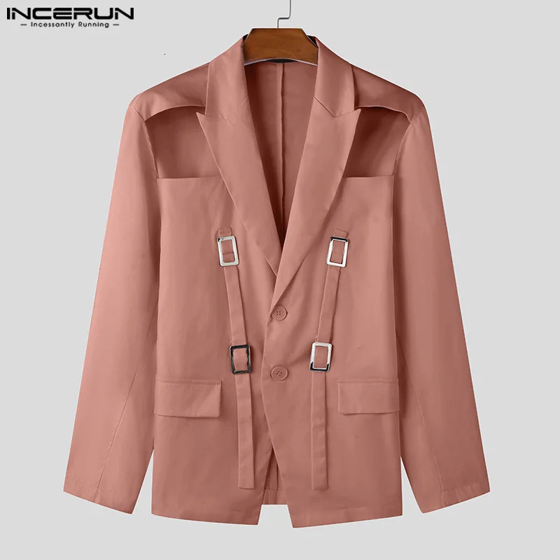 INCERUN Tops 2025 American Style Fashion Men Hollow Button n Suit Coat Casual Streetwear Solid Long Sleeved Lace Up Blazers 250807