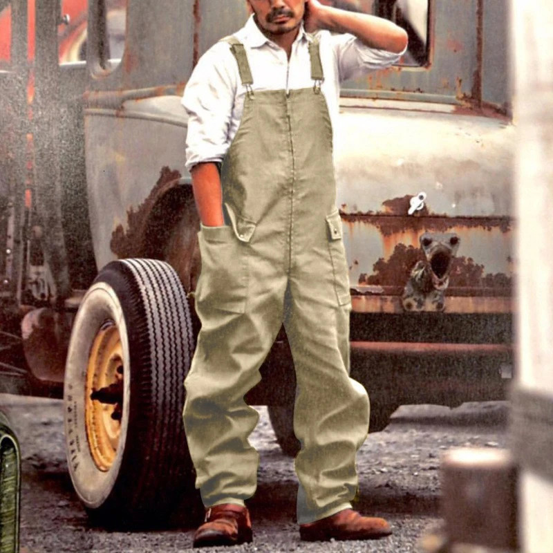 Mens Retro Bib Loose Large Size Fashion Casual Brown Green Painter Workwear Jumpsuit Autumn And Winter Trousers Adjustable 250804