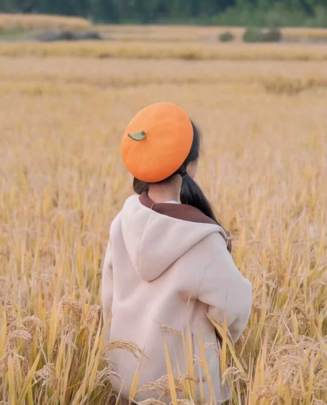 1 Cute Japanese Style Soft Girl Beret with a Big Orange Womens Summer Cotton Yarn Breathable Versatile Fresh Fruit Painter Hat XJ250807