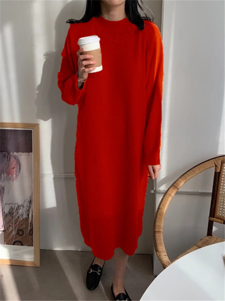 EFT Autumn Winter O-Neck Casual Loose Knitted Dress Female Straight Long Sleeve Oversize Sweater Womens Long Dress 250806