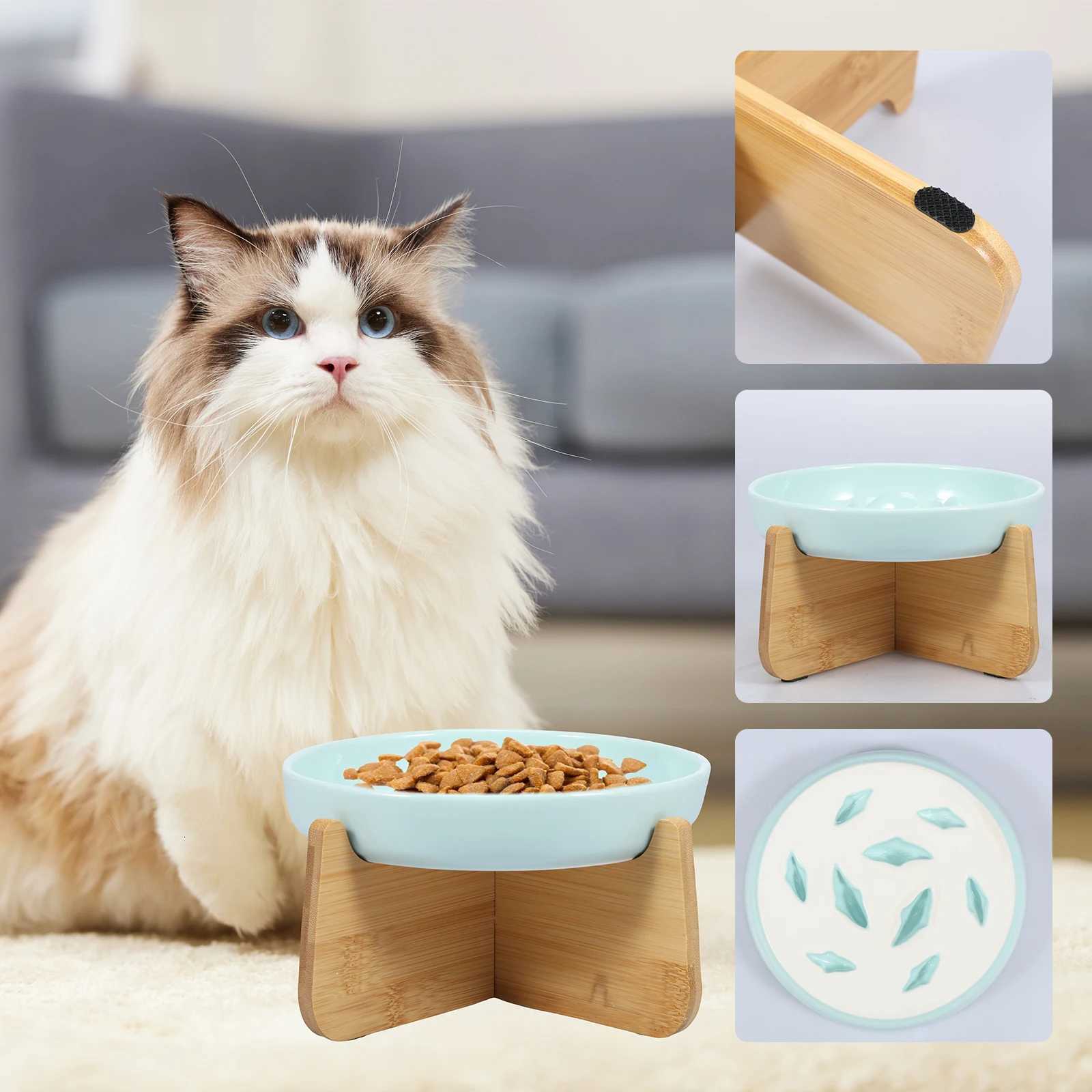 Slow Feeder Bowl with Wood Stand Ceramic Raised Cat Bowl for Neck Protection Anti-choking Slow Eating Pet Bowl Feeding Supplies Y250806