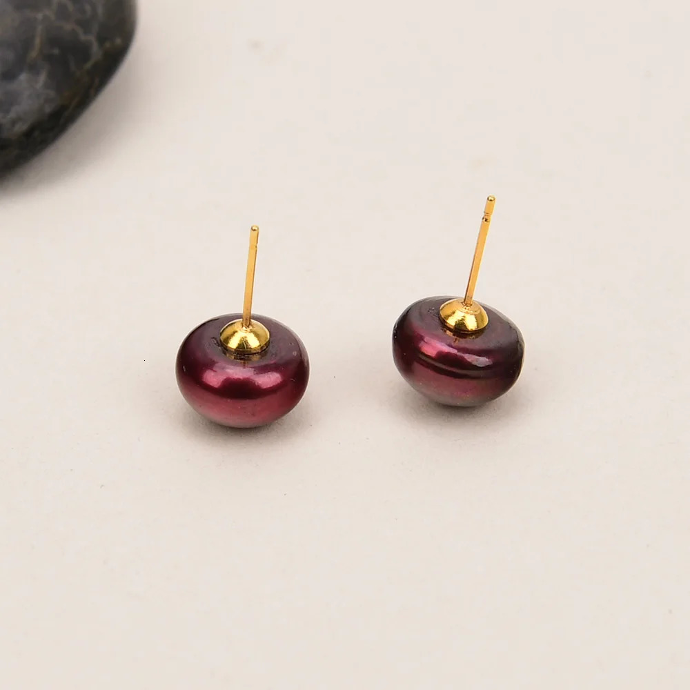 G-G Freshwater Cultured Blue Wine Red Green Button Pearl Gold Color Stud Earrings 250805