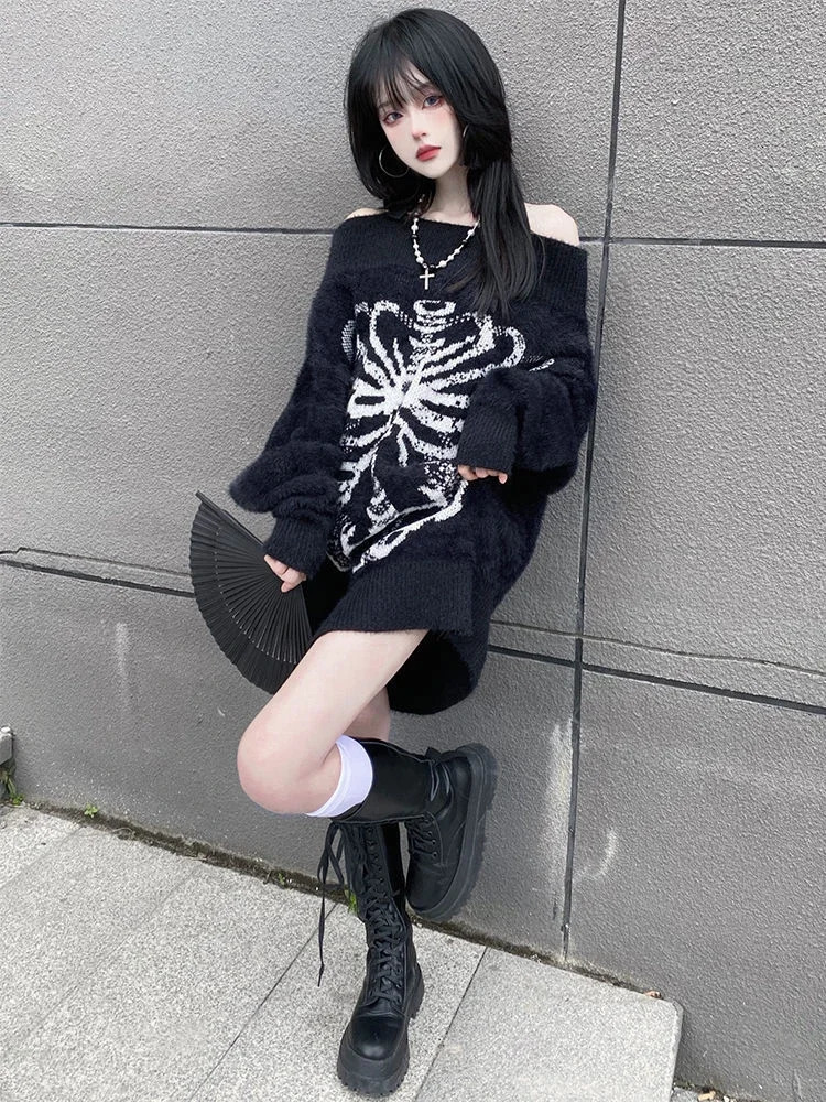KOSAHIKI Grunge Sweater Fashion Streetwear Y2k Aesthetic Blackpullover Skull Print Gothc Women Jumper Harajuku Loose Knitwear 250801