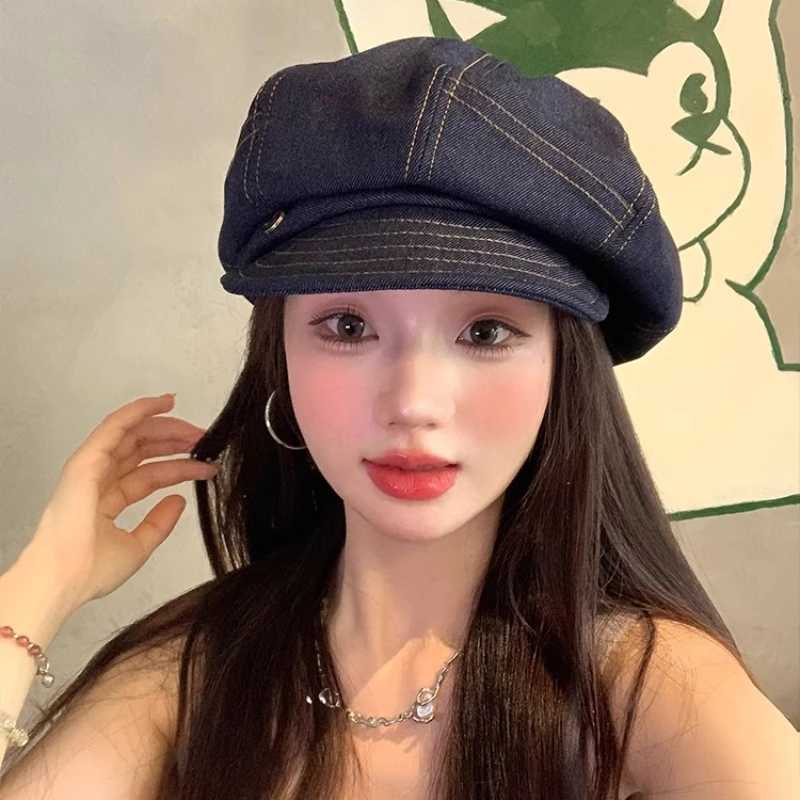 Janese Retro Literary Denim Newsboy Hats Women Show Face Small Summer and Autumn Travel Casual Versatile Octagonal Berets XJ250807