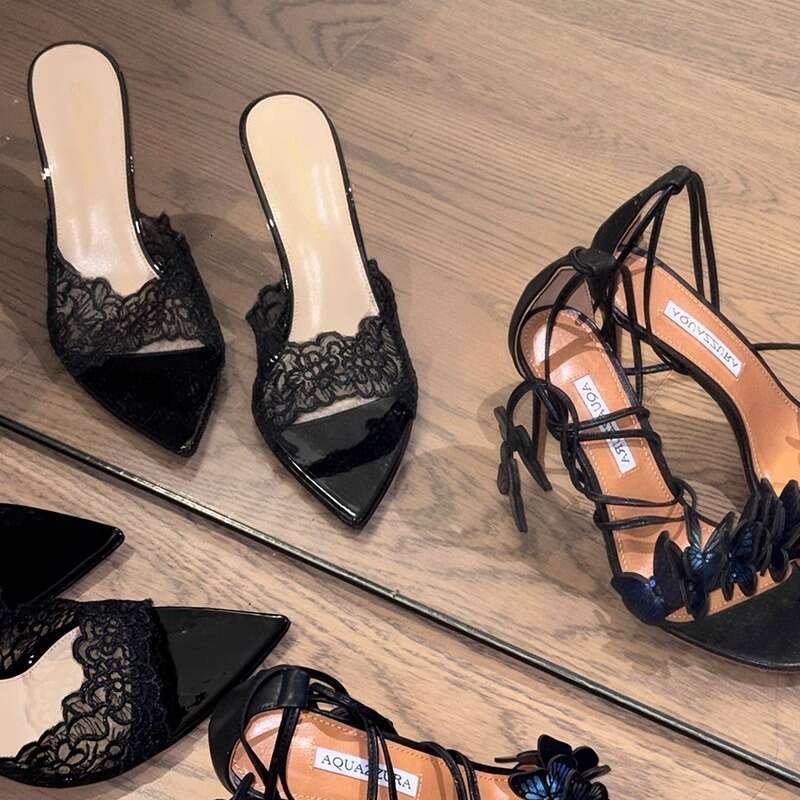 2025 New Open-Toe Pointed Mesh Lace Patent shoes Leather One-Strap Sandals for Designer Women Sexy Outdoor Wear Little Mom Style Thin Heel High Heels