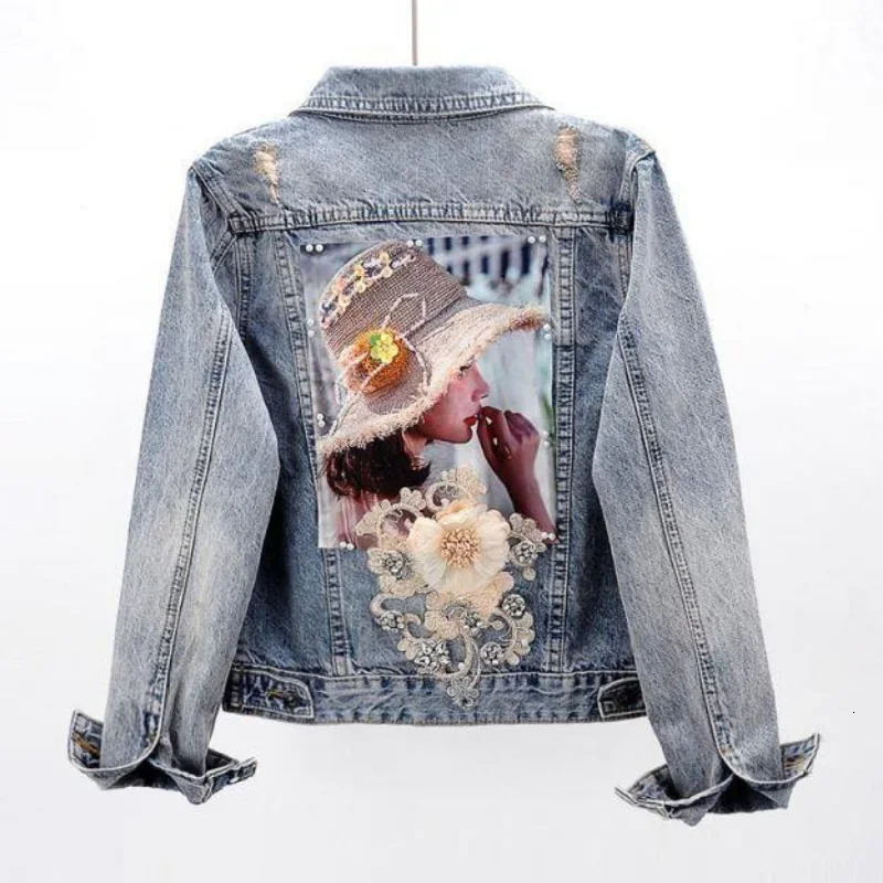 Womens Denim Jackets Diamonds Spring Autumn Female Jeans Coat Embroidered with Rhinestones Patchwork Sequin Print Graphic Blue 250804