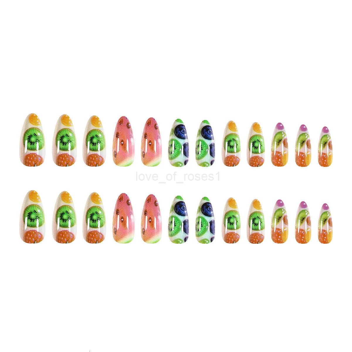 24pcs Colorful Fruit Printed Press On Nails Summer Dopamine Almond False Nails Full Cover Charming Fake Nails DIY Manicure Art Z250807
