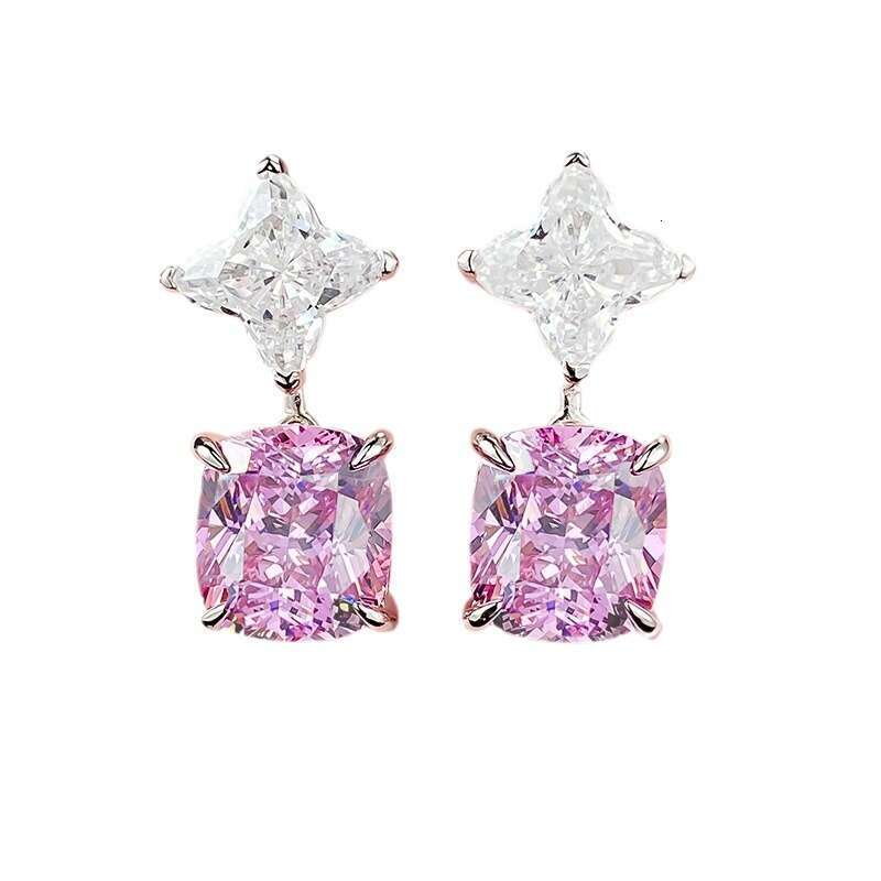Mujing Jewelry S Sier New High Carbon 10*11 Fat Square Inlaid Pink Dia Earrings Elegant Style