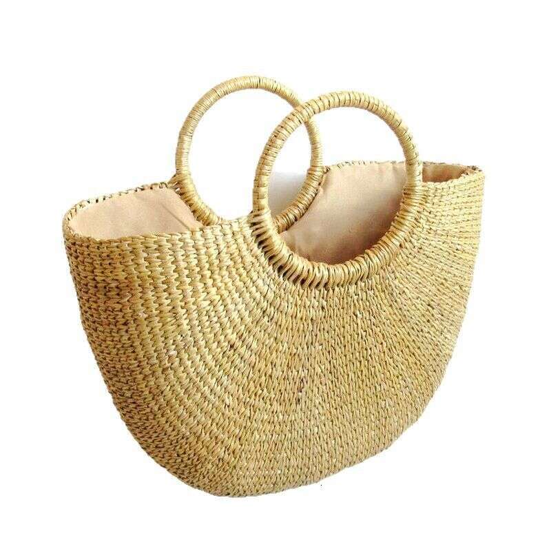Yellow Grass Half-Round Handbag Simple Solid Color Straw Casual Vacation Beach Woven Bag