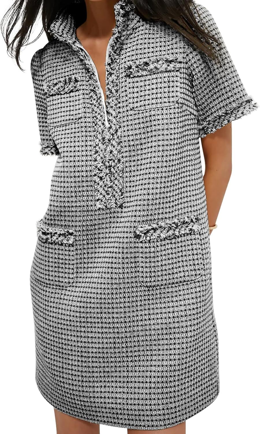 Womens Tweed Mini Elegant Front Half Zipper Short Sleeve Casual Work Straight Tube Dress with Pockets
