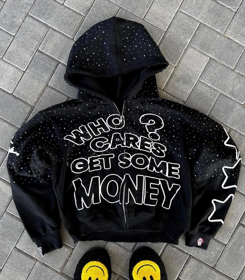Men's Hoodies Cares Get Some Money Applique Printed Zip Hoodie Womens Graphic Sweatshirt Retro Streetwear Casual Hooded