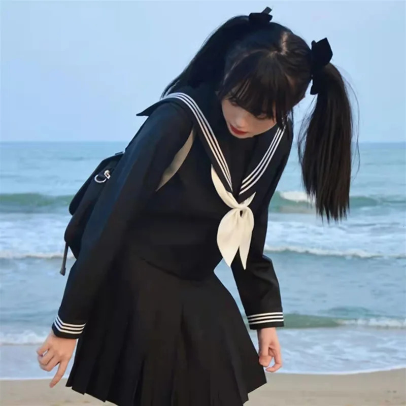 Japanese School Uniforms Student Style Girls Navy Costume Women Sexy Black JK Long Dress Suit Sailor Blouse Pleated Skirt Set 250729