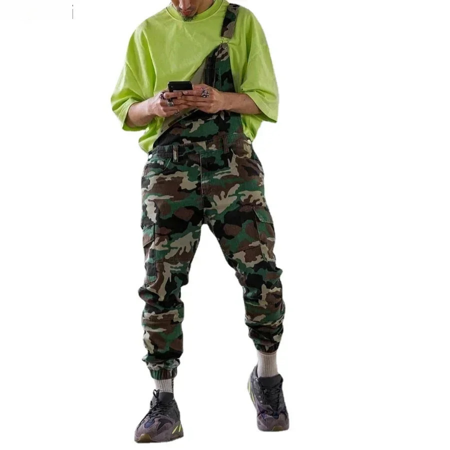 Mens Camouflage Strap Long Pants Overalls Cross Button Man Casual Jeans Jumpsuit Denim Cargo Male 250804