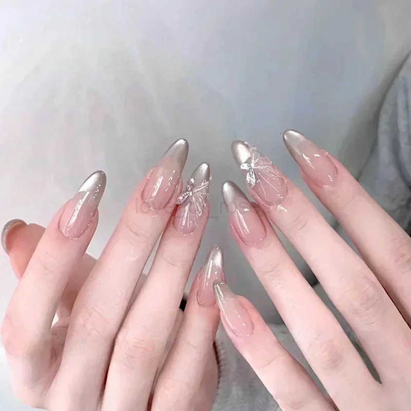 24Pcs Cat Eye Press-on Nails with Almond Head Bow Diamond Stick-on False Nails Sweet Pink French Full Cover Artificial Nail Tips Z250807