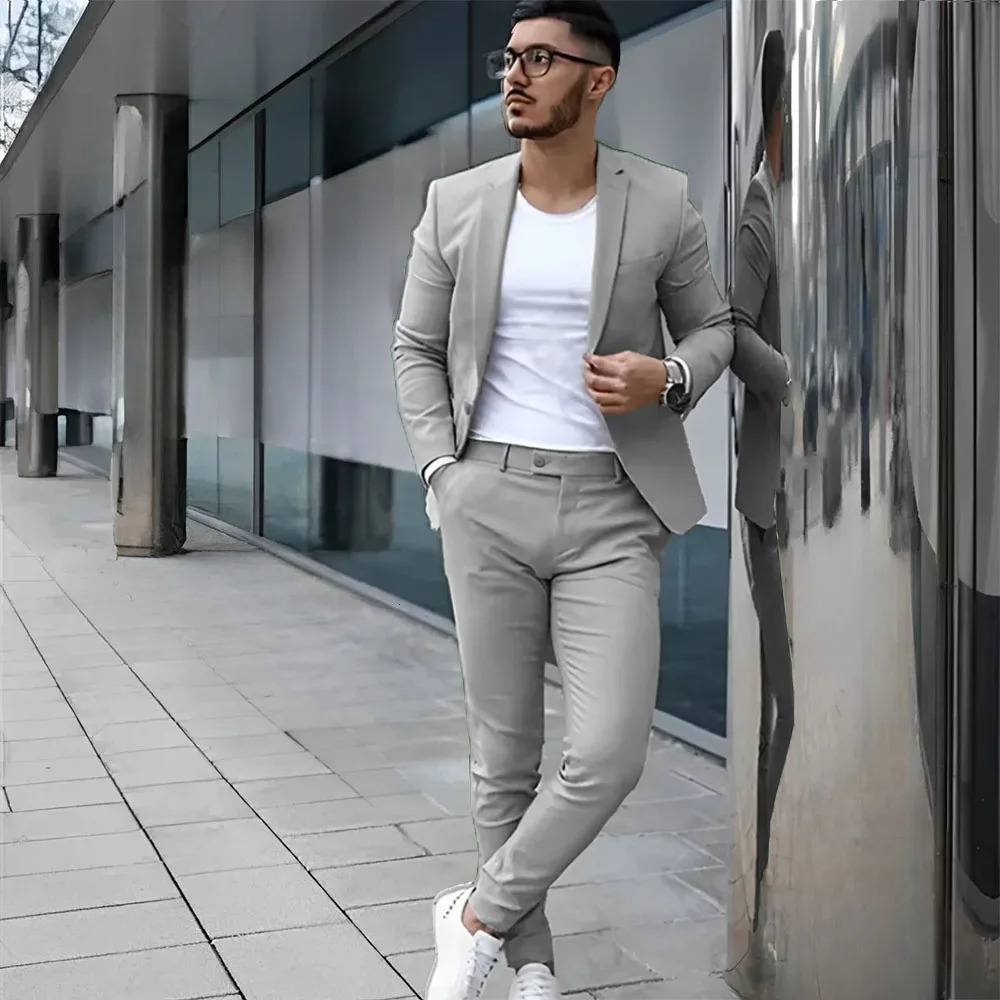 Gray Mens Suit 2 Piece Summer Casual Jacket Pants Formal Wedding Tuxedo Groom Clothes Custom Color Blazer XS5XL 250807