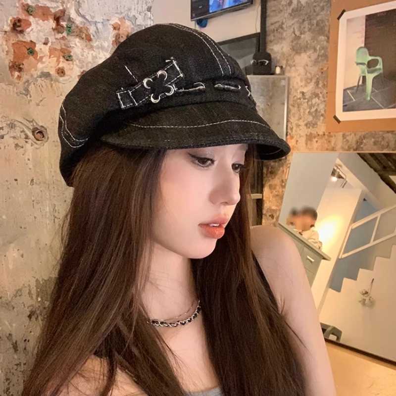 2K Personalized Hole Design Denim Newsboy Hats for Women and Men Spring Summer New Travel Versatile Niche Octagonal Berets XJ250807