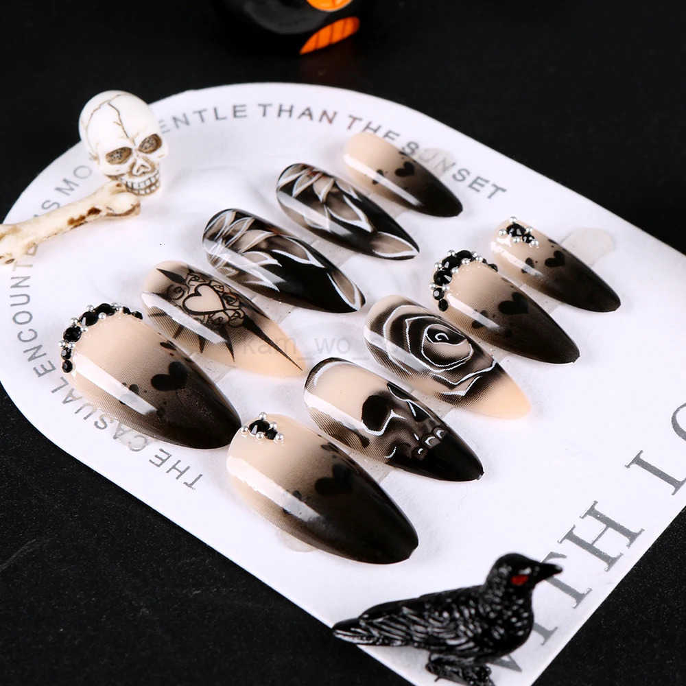 24Pcs Black Glossy Halloween Almond Fake Nails Gradient French Cool Press On Nails Rose/Heart/Skull Acrylic Wearable False Nails M250807