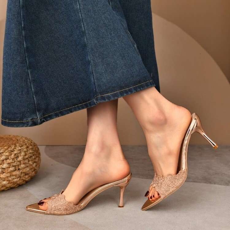2025 New Open-Toe Pointed Mesh Lace Patent shoes Leather One-Strap Sandals for Designer Women Sexy Outdoor Wear Little Mom Style Thin Heel High Heels