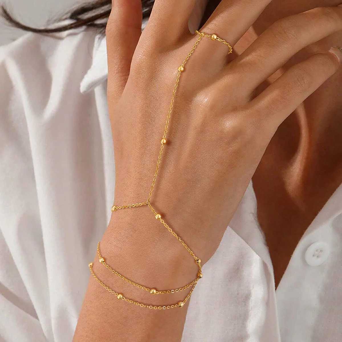 Womens Minimalist Finger - Wrist Chain Gold Color Chain Link Hand Bracelet Perfect for Summer Vacations W250807