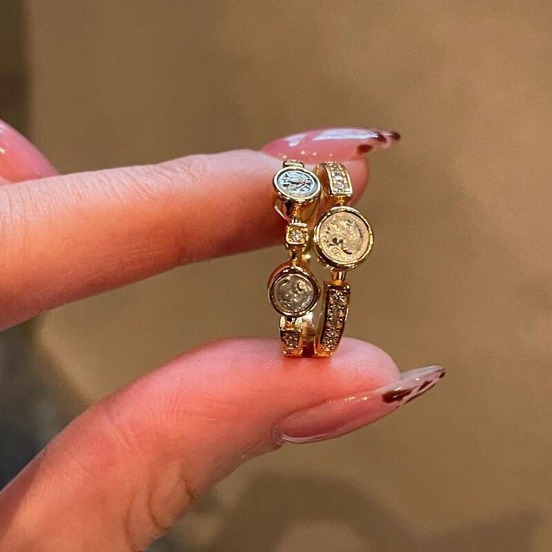 Vintage Style Double Layer Athena Three Coins High-end Niche Personality Design Index Finger Ring