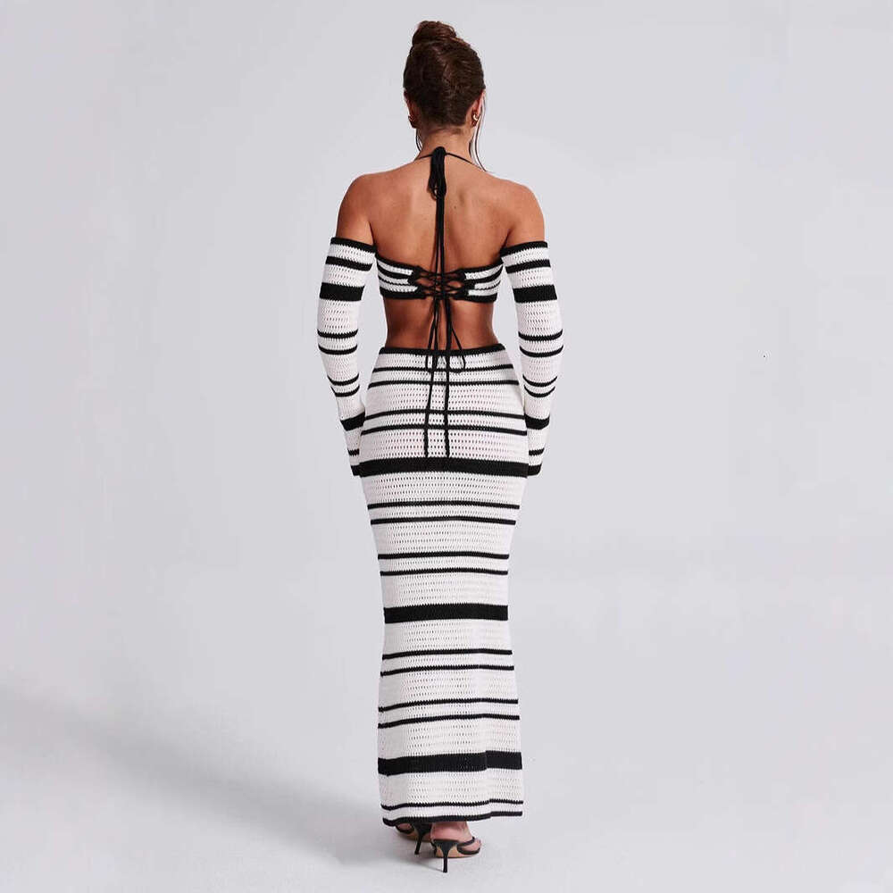 New Style Hot Girl Women's Outfit Summer Striped Long Sleeve Halter Top And Skirt Two-Piece Set For Women B5 h7