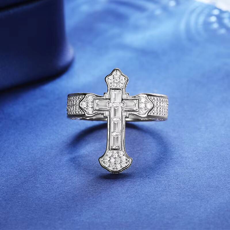 Fashion Hip Hop Party 925 Sterling Silver Baguette Diamond Cross Ring Gra Certified Moissanite Iced Out Ring for Men