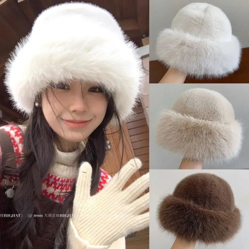 Fur Hat Women Warm Snow Ski Cap Plush Female Faux Fox Fur Thicken Warm Winter Hat Lady Windproof Panama Furry Fisherman Cap Y2k 250806