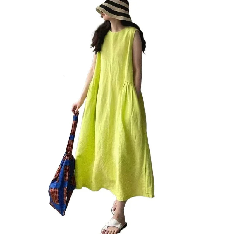 Minimalist Summer Lazy Style round Neck Long Oversized Sleeveless Dress Maxi Comfortable Loose Fit VNeck KneeLength Dres 250807