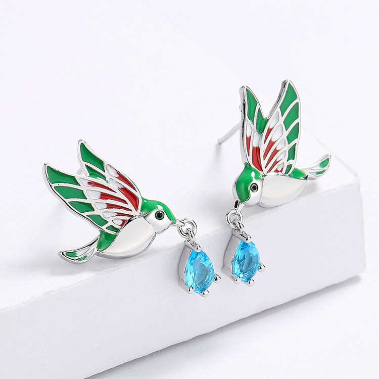 Silver Tone Enamel Hummingbird Drop Earrings With Blue Teardrop Gem Accents Nature-Inspired And Colorful Outfit Accessory Gift For Her Vivid And Delic