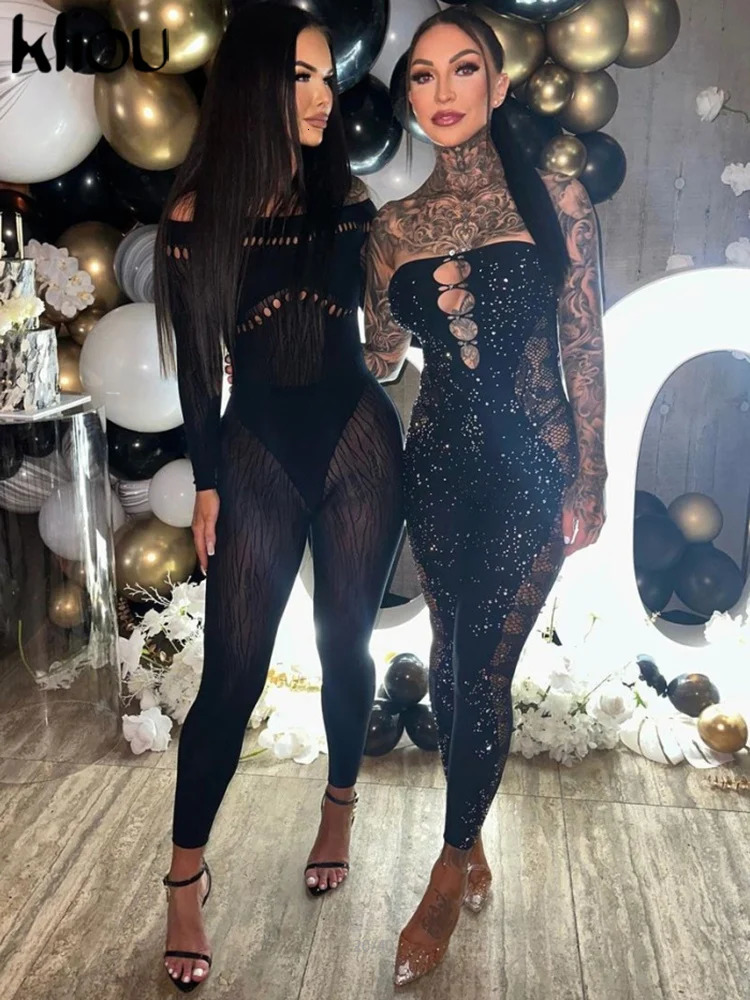 kliou Autumn Women AnkleLength Streetwear Milk Silk Jumpsuit W23Q35472 Girl Hollow Out Slash Neck One Piece Club Attire Overall 250807