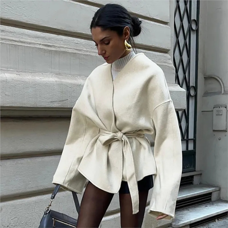 Elegant Belt Lace Up Woolen Jacket For Women Autumn Fashion Long Sleeve Short Jacket 2025 Lady Streetwear Outerwears Female 250806