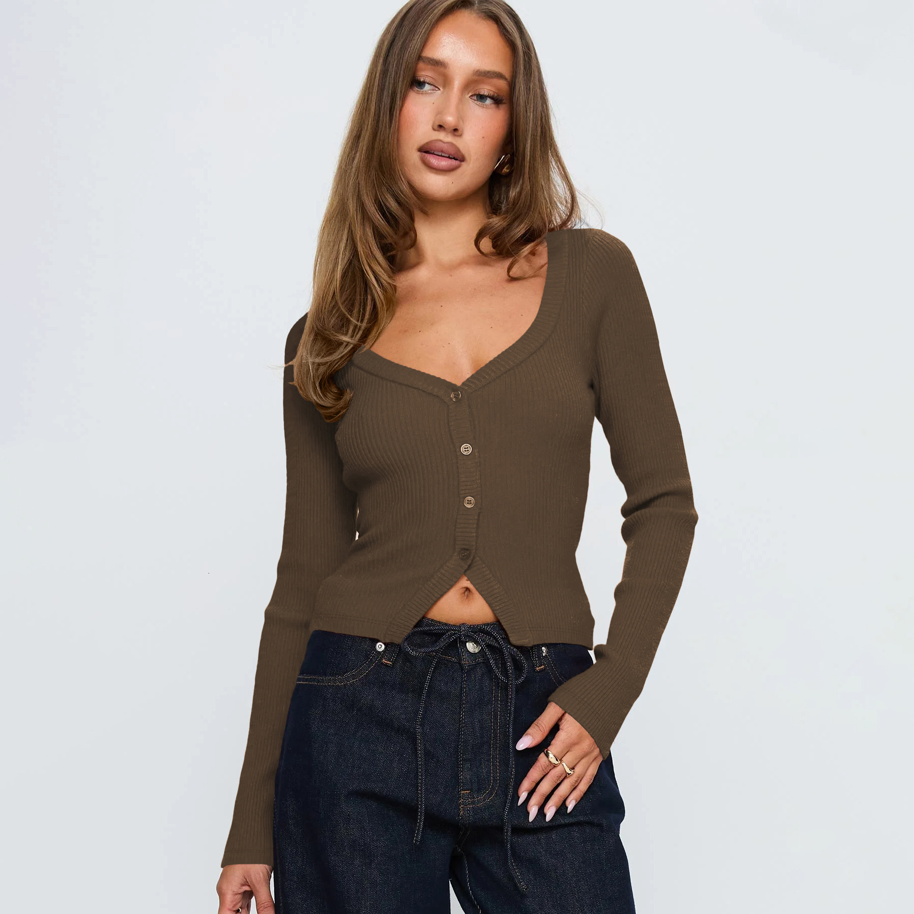 2025 Autumn Winter V-neck Long Sleeve Ribbed Button Cardigan Slim Fit Commuter Exquisite Women's Top