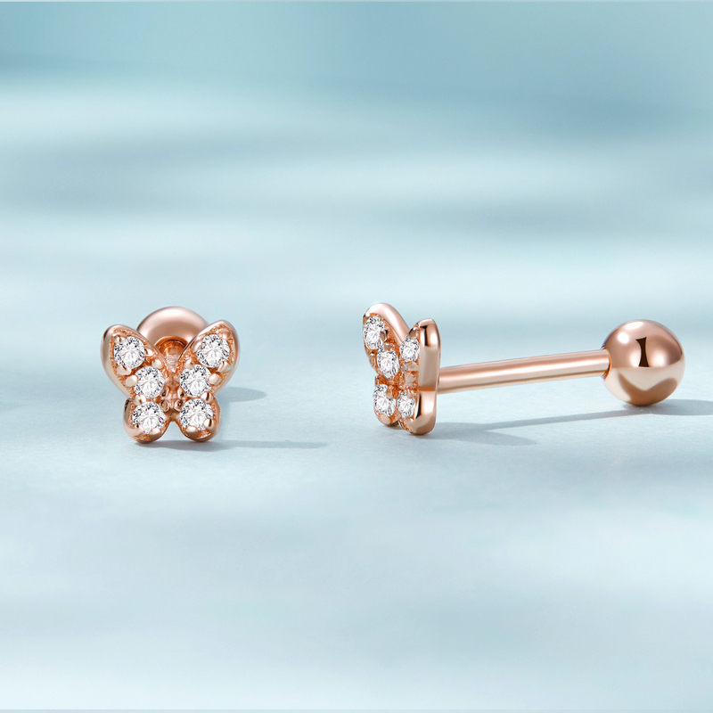 BAMOER 925 Sterling Silver Cute Butterfly Stud Earrings, Handmade 5mm Dainty CZ Platinum Plated Hypoallergenic Earrings SCE1116