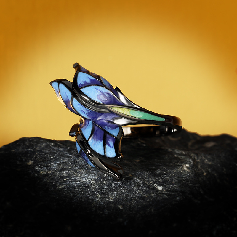 Black Tone Enamel Butterfly Wing Wing Ring With Blue And Green Color Accents Artistic And Fantasy Outfit Accessory Gift For Her Unique And Vibrant Jew