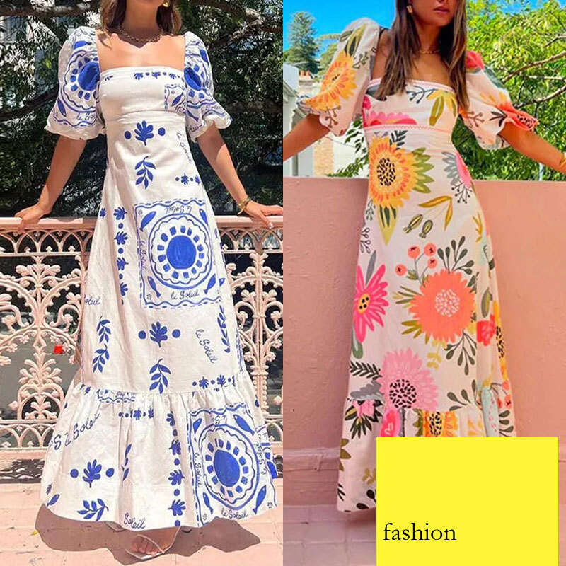 Women's Fashion Off-Shoulder Printed Puff Sleeve Flared Dress B5 h7