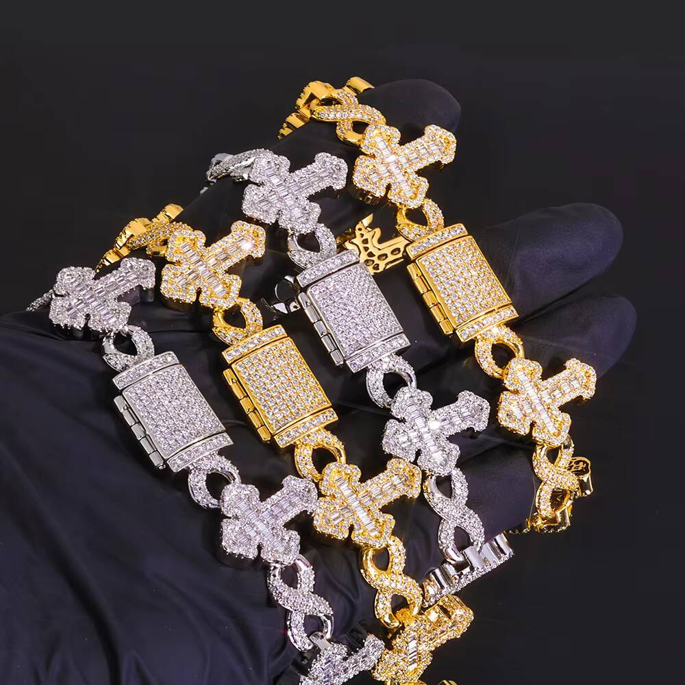 Fine Jewelry 15MM Iced Out Chain Gold Plated Flip Lock Cross 8 Character Infinity Charm Bling Moissanite Bracelet