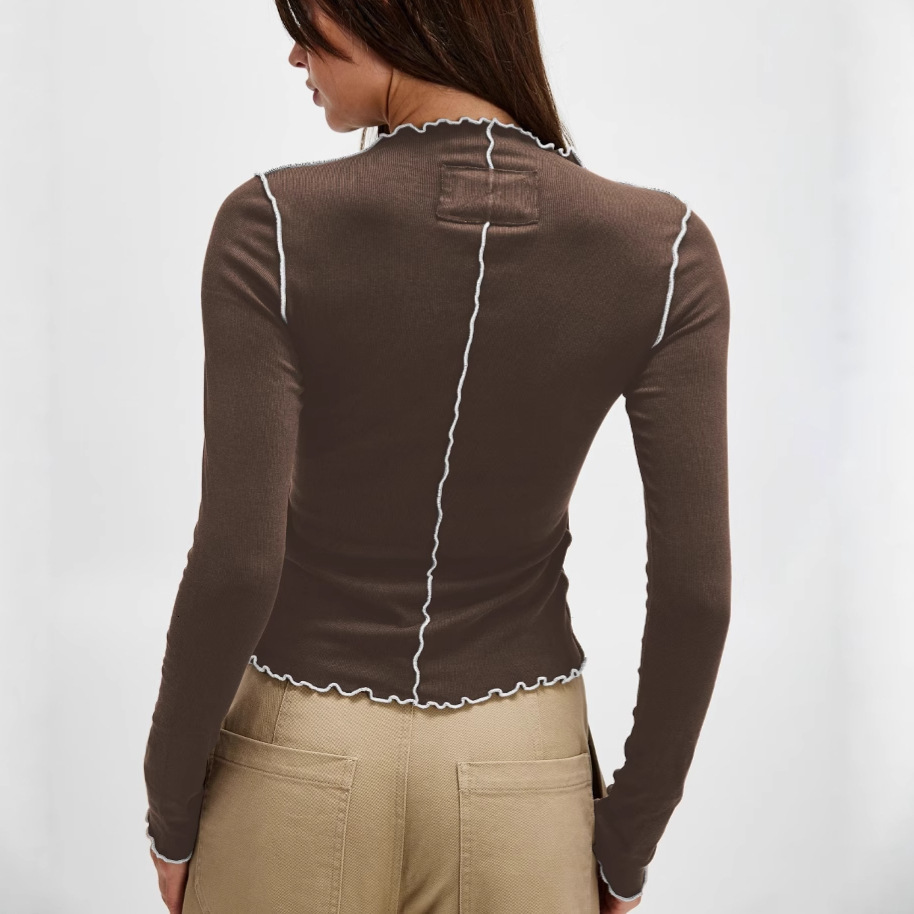 Patchwork Slim Fit Long Sleeve T-Shirt Top Design Sense Base Shirt Color Block Women's Ruffled Edge