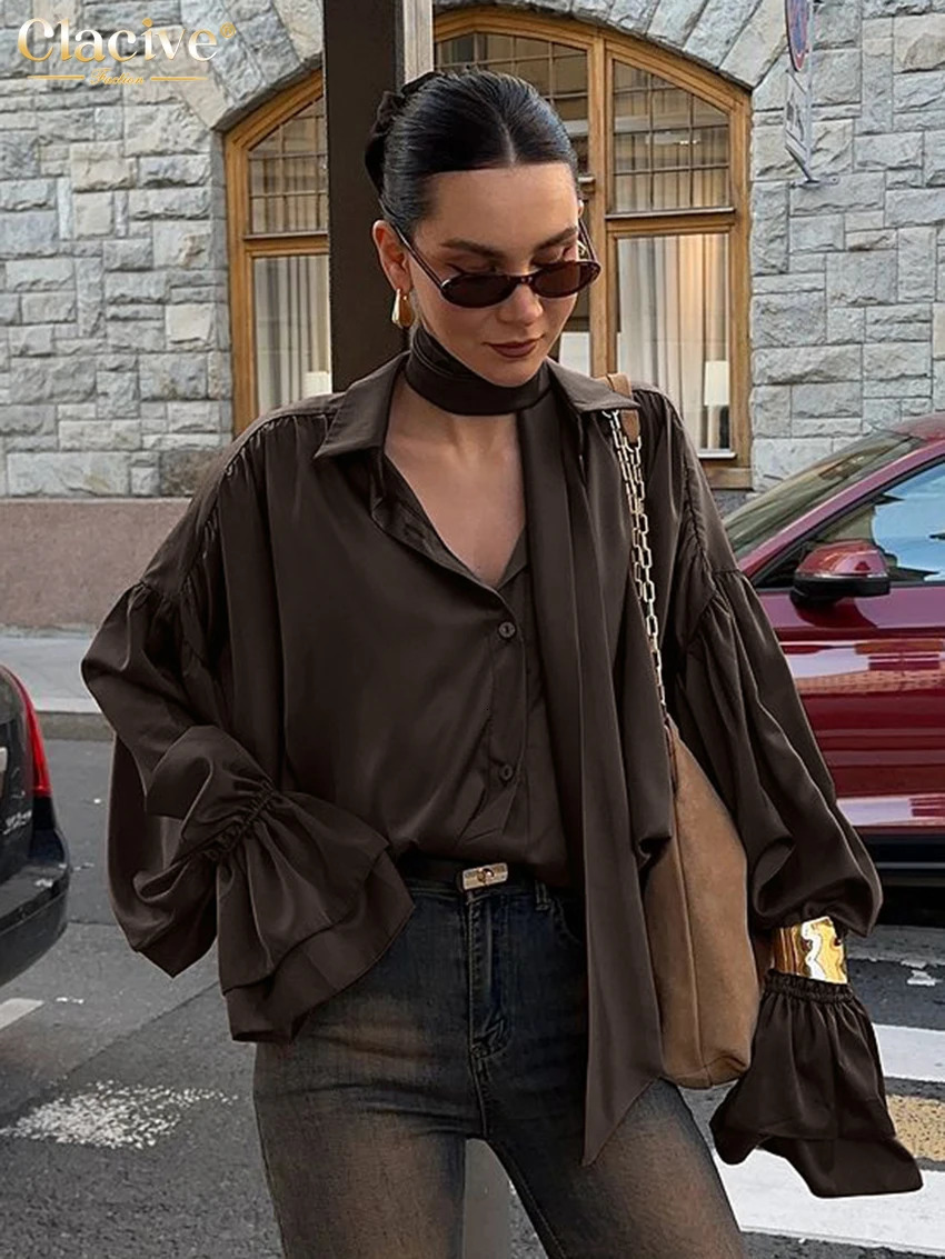 Clacive Fashion Loose Brown Satin Womens Shirt 2025 Elegant Lapel Long Sleeve Shirts Casual Classic Blusas Top Female Clothing 250806
